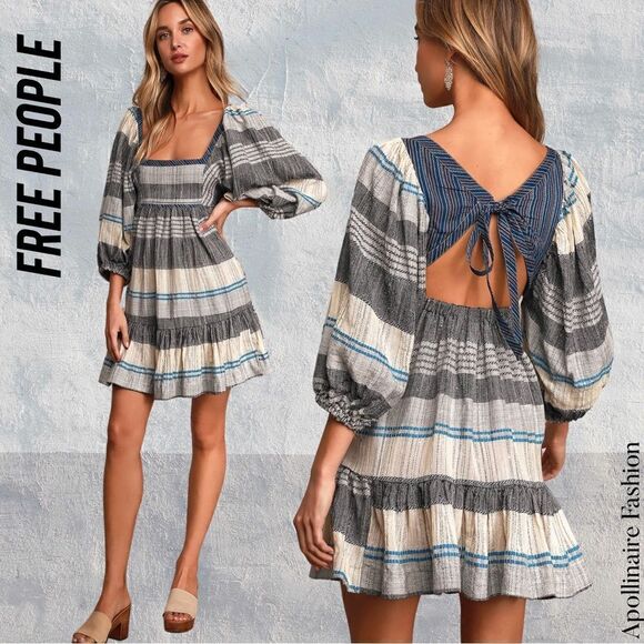 FREE PEOPLE ALL LINED UP IN XS NWT MINI DRESS MULTI STRIPE BLUE GREY COMBO - Picture 1 of 7